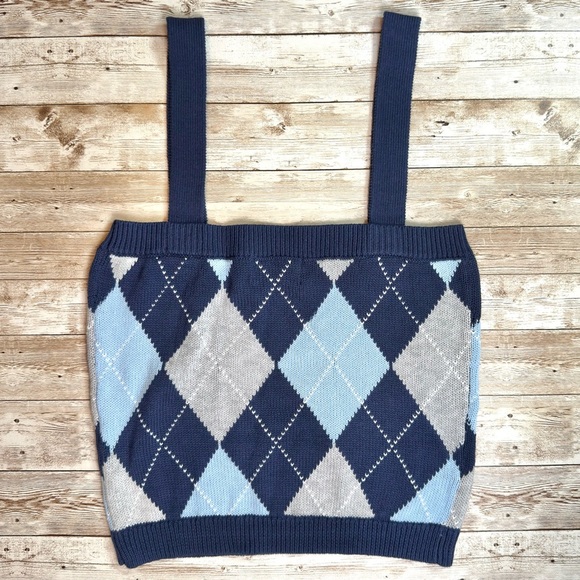 27 Miles Argyle Knit Tank Top XS Navy Gray Light Blue - Picture 2 of 6